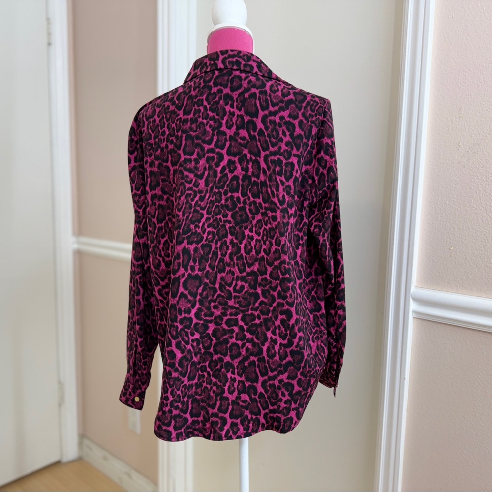 Michael Kors Women Top Shirt Magenta Black Leopard/Animal Print Button Up Size L - Picture 3 of 8